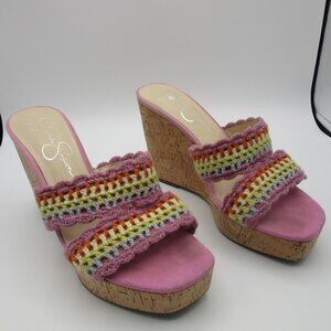 Jessica Simpson Cork Wedge Heels Pink Crochet Slip on Peep Toe Women's 8